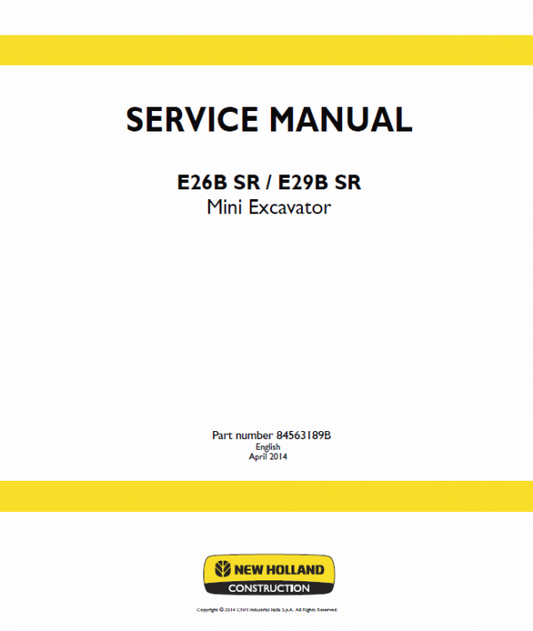 New Holland E26B SR, E29B SR Mini Excavator Service Manual Workshop Guide