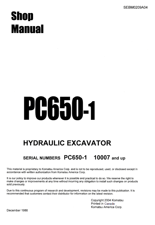Komatsu PC650-1 Excavator Service Manual Workshop Guide