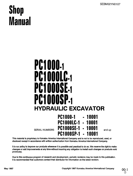Komatsu PC1000-1, PC1000LC-1, PC1000SE-1, PC1000SP-1 Excavator Manual Workshop Guide