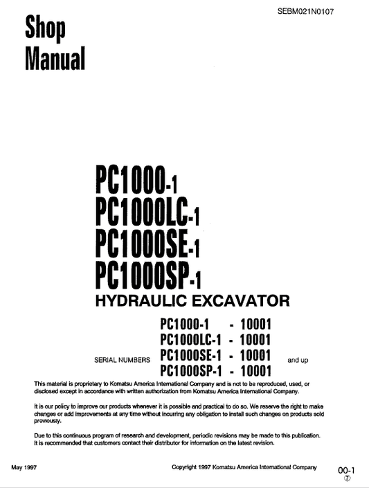 Komatsu PC1000-1, PC1000LC-1, PC1000SE-1, PC1000SP-1 Excavator Manual Workshop Guide