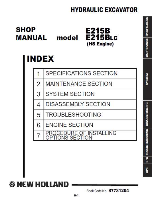 New Holland E215B, E215BLC Excavator Service Manual Workshop Guide