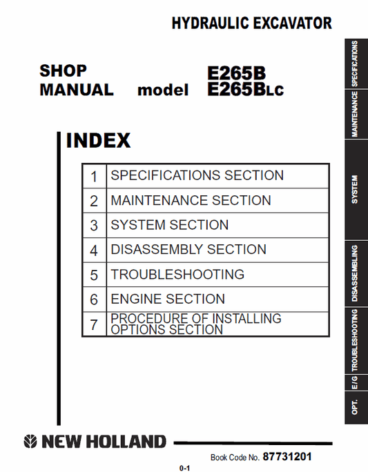 New Holland E265B, E265BLC Excavator Service Manual Workshop Guide