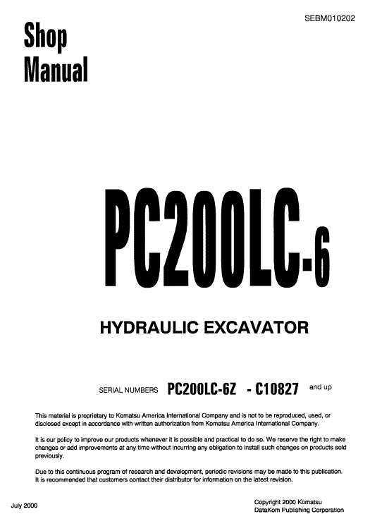 Komatsu PC200LC-6 Excavator Service Manual Workshop Guide