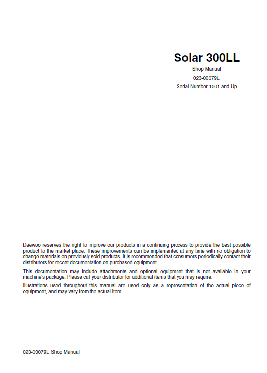 Daewoo Solar S300LL Excavator Service Manual Workshop Guide