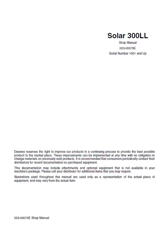 Daewoo Solar S300LL Excavator Service Manual Workshop Guide