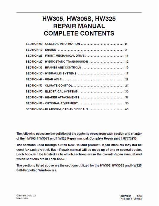 New Holland HW305, HW305S, HW325 Self-Propelled Windrowers Service Manual Workshop Guide