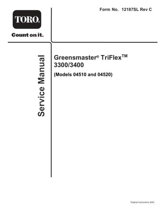 Toro Greensmaster Triflex 3300, 3400 (Models 04510, 04520) Service Repair Manual Workshop Guide