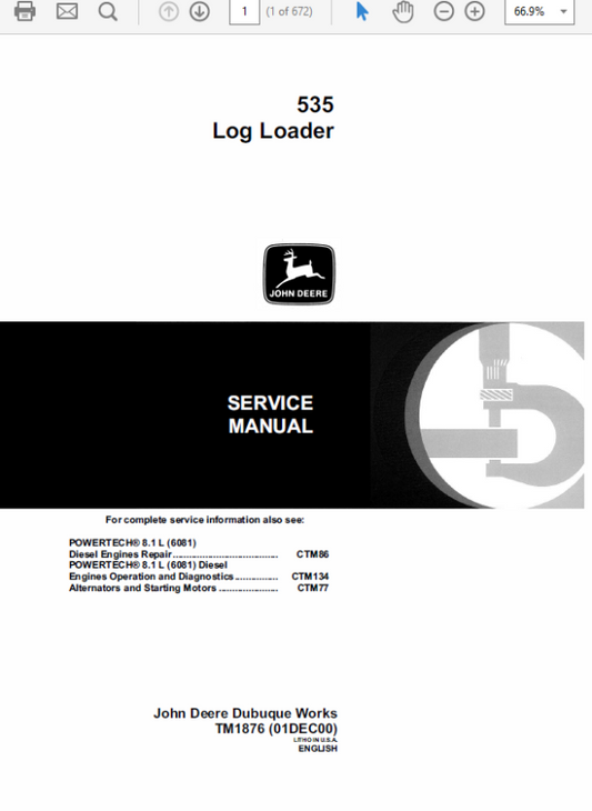 John Deere 535 Log Loader Repair Technical Manual (SN between 001001 – 001043) Workshop Guide