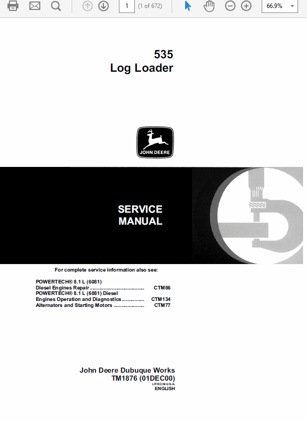 John Deere 535 Log Loader Repair Technical Manual (SN between 001001 – 001043) Workshop Guide