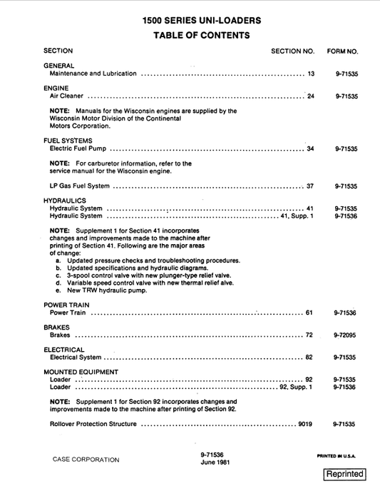 Case 1526, 1530, 1537 Uni-Loader SkidSteer Service Manual Workshop Guide