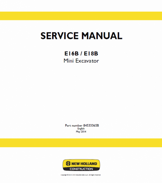 New Holland E16B, E18B Excavator Service Manual Workshop Guide