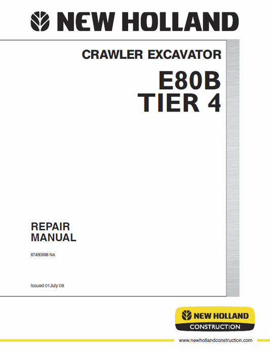 New Holland E80B Tier 4 Excavator Service Manual Workshop Guide