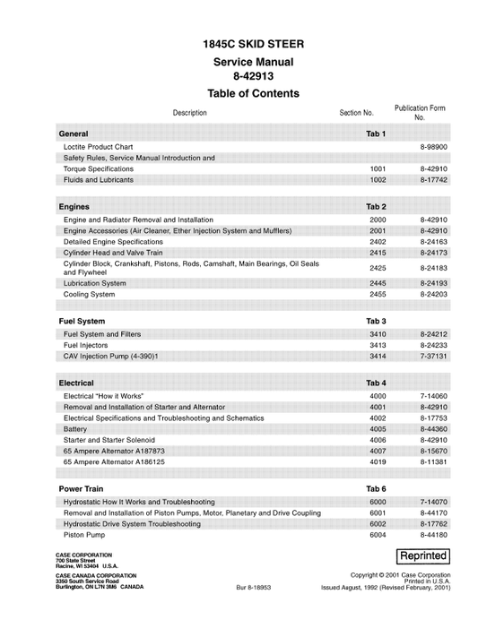 Case 1845C SkidSteer Service Manual Workshop Guide