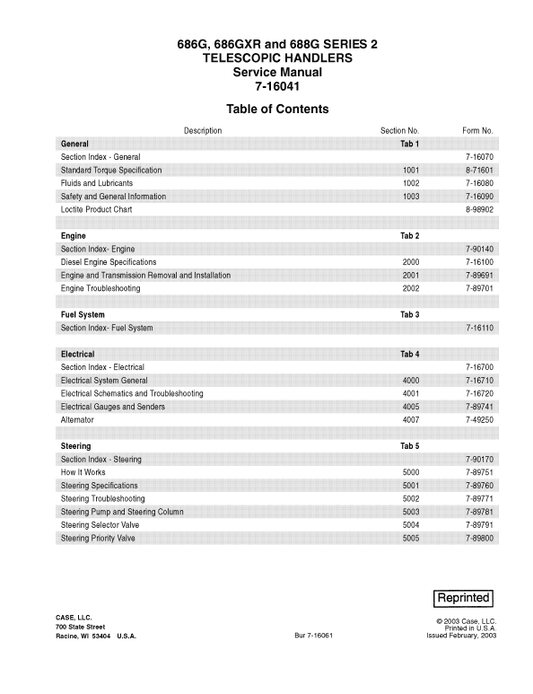 Case 686G, 686GXR, 688G Series 2 Telescopic Handler Service Manual Workshop Guide