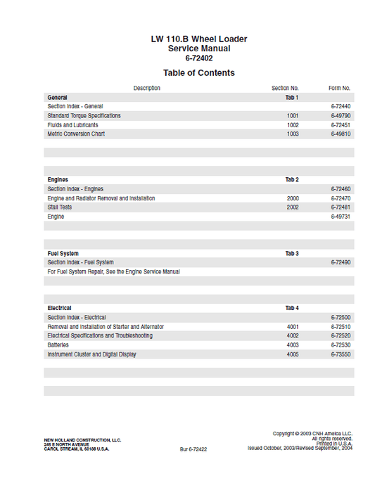 New Holland LW110.B Wheel Loader Service Manual Workshop Guide