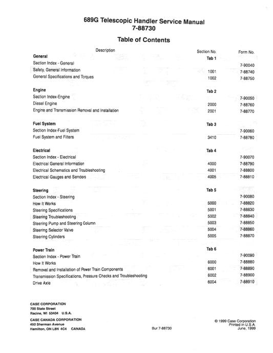 Case 689G Telescopic Handler Service Manual Workshop Guide