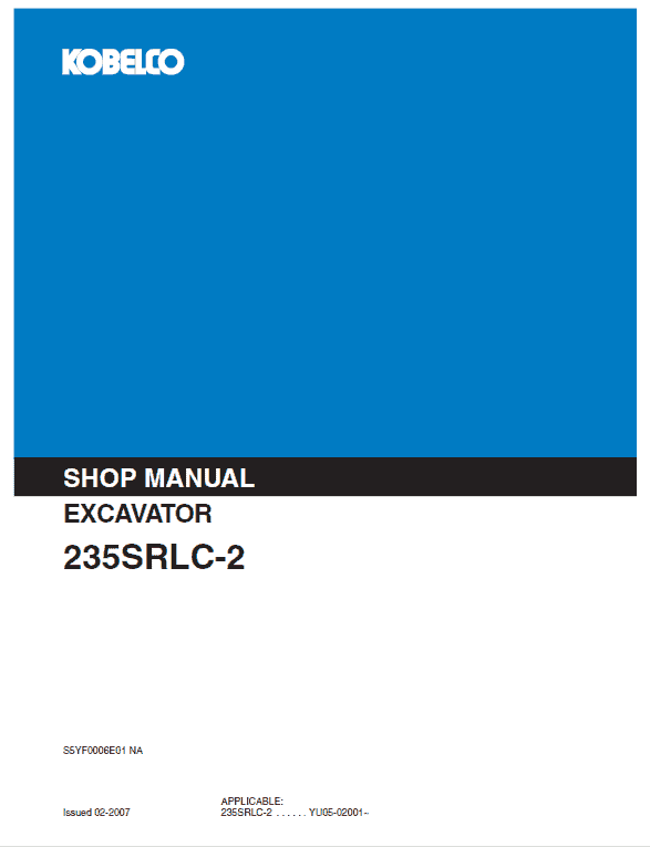 Kobelco SK235SRLC-2 Excavator Service Manual Workshop Guide