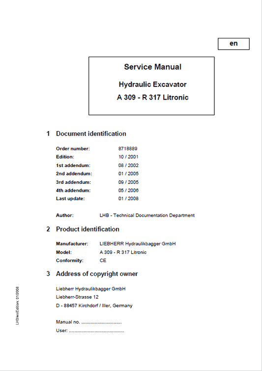 Liebherr A309, A311, A312, A314, A316, R313, R317 Litronic Excavator Manual