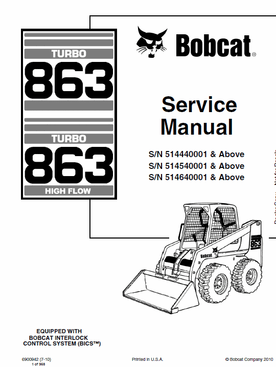 Bobcat 863 and 863H Skid-Steer Loader Service Manual Workshop Guide