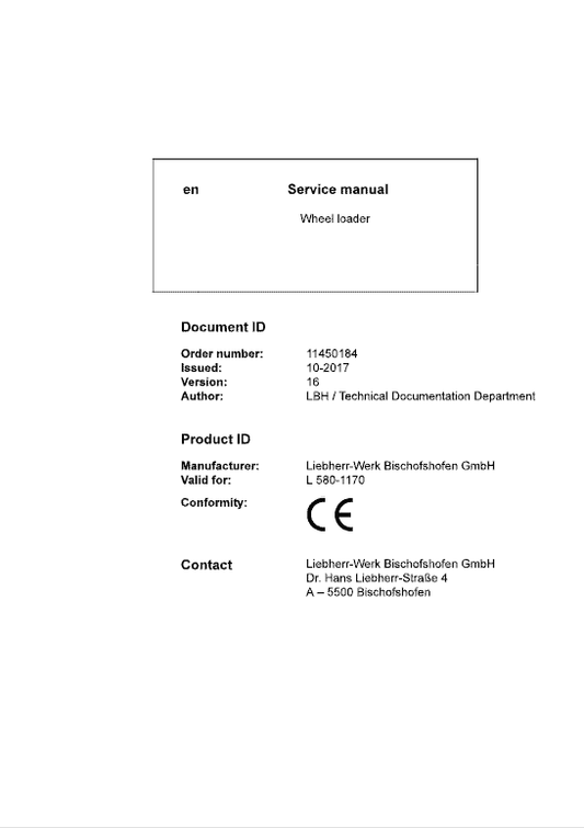 Liebherr L580 Type 1170 Wheel Loader Service Manual