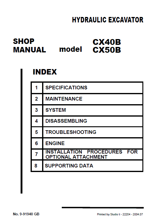 Case CX40B and CX50B Excavator Service Manual Workshop Guide