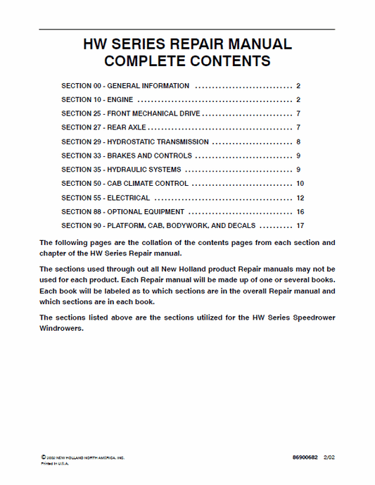 New Holland HW300, HW320 Speedrower Windrowers Service Manual Workshop Guide