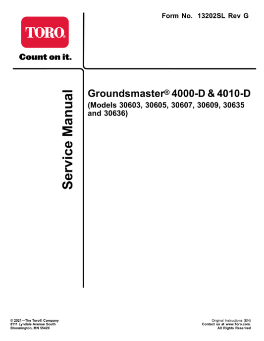 Toro Groundsmaster 4000-D, 4010-D (Model 30603, 30605, 30607, 30609, 30635, 30636) Service Repair Manual Workshop Guide