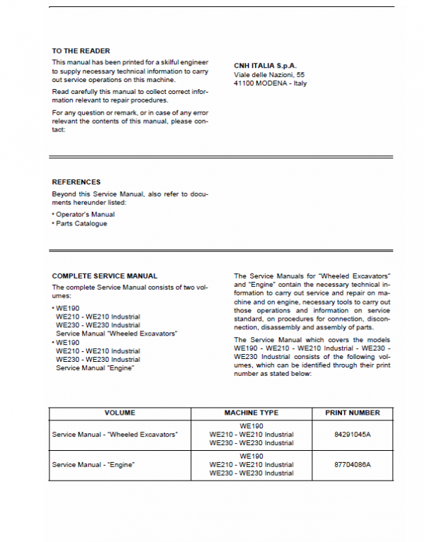 New Holland WE190, WE210, WE230 Wheel Excavator Service Manual Workshop Guide