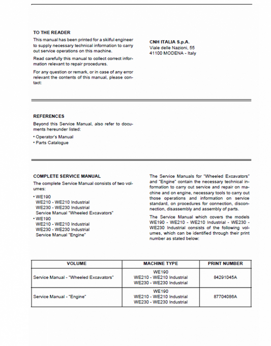 New Holland WE190, WE210, WE230 Wheel Excavator Service Manual Workshop Guide