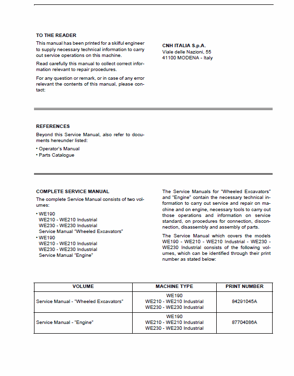 New Holland WE190, WE210, WE230 Wheel Excavator Service Manual Workshop Guide