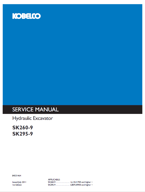 Kobelco SK260-9, SK295-9 Excavator Service Manual Workshop Guide
