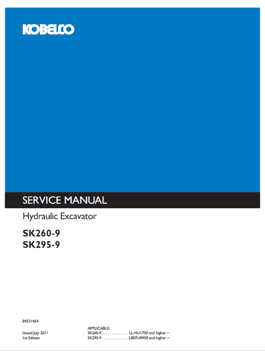 Kobelco SK260-9, SK295-9 Excavator Service Manual Workshop Guide