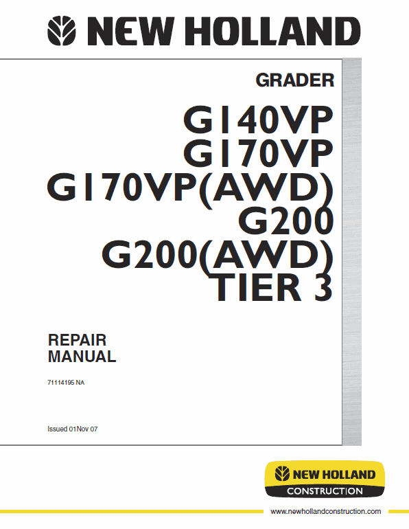 New Holland G170VP AWD, G200VP AWB Motor Grader Repair Manual Workshop Guide