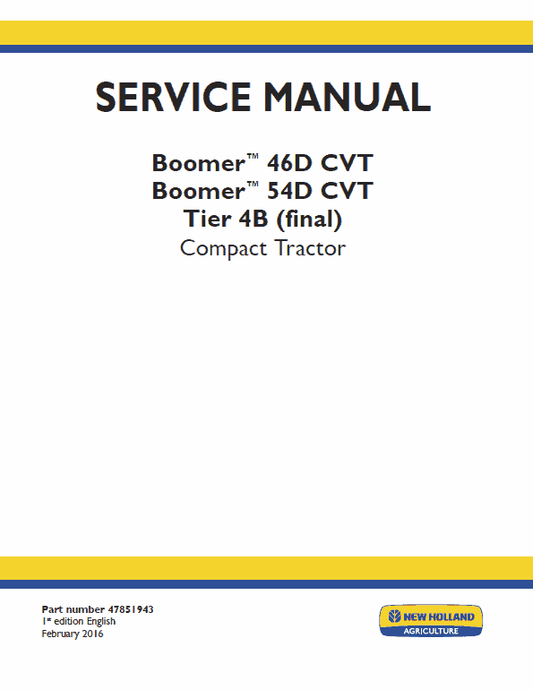 New Holland Boomer 46D CVT, 54D CVT Tractor Service Manual Workshop Guide