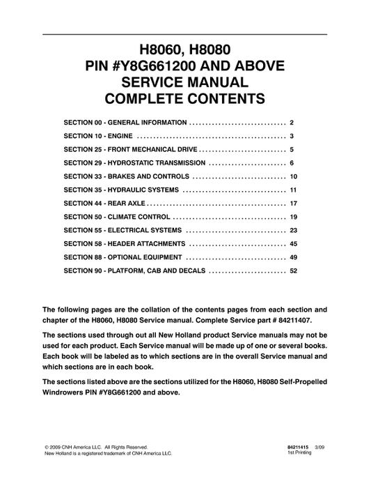 New Holland H8060, H8080 Self-Propelled Windrowers Service Manual Workshop Guide
