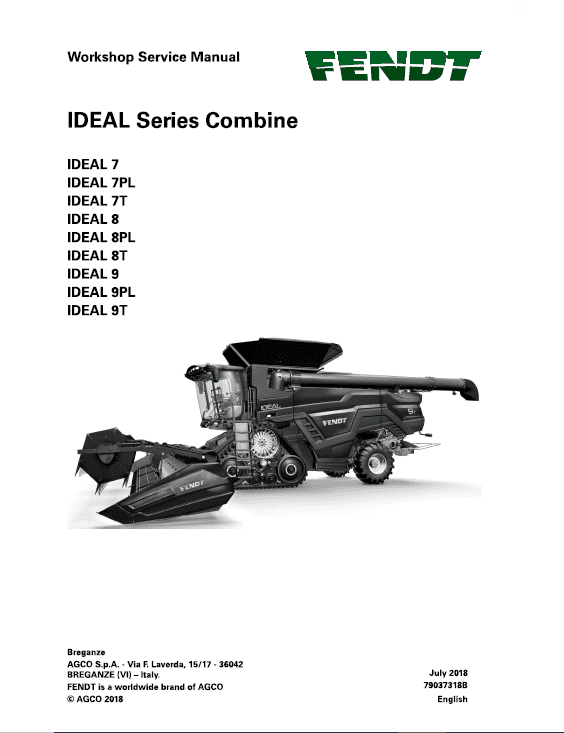 Fendt Ideal 7, Ideal  8, Ideal 9 Series Combine Service Manual Workshop Guide