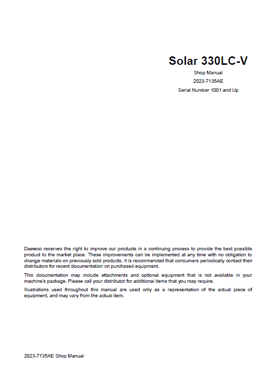 Daewoo Solar S330LC-V Excavator Service Manual Workshop Guide