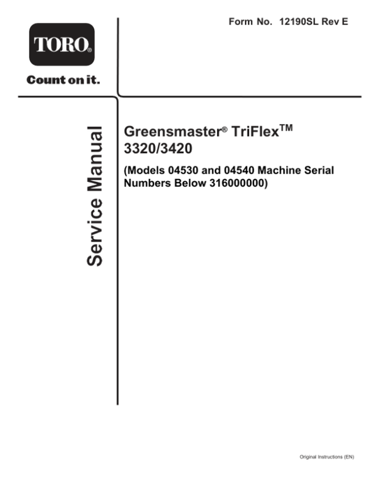 Toro Greensmaster Triflex Hybrid 3320, 3420 (Models 04530, 04540) Service Repair Manual Workshop Guide