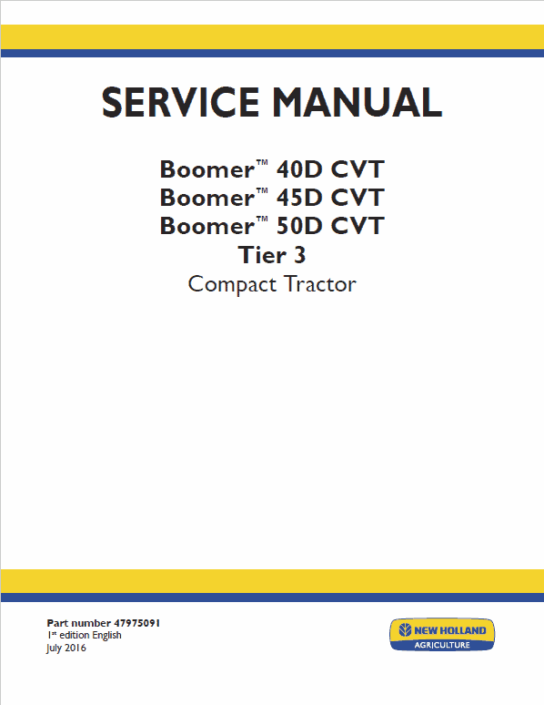 New Holland Boomer 40D CVT, 45D CVT, 50D CVT Tractors Service Manual Workshop Guide