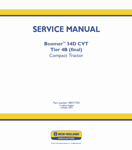 New Holland Boomer 54D CVT Tractor Service Manual Workshop Guide