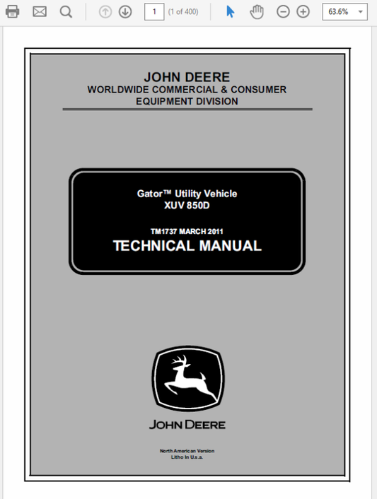 John Deere XUV 850D Gator Utility Vehicle Technical Manual TM1737 Workshop Guide