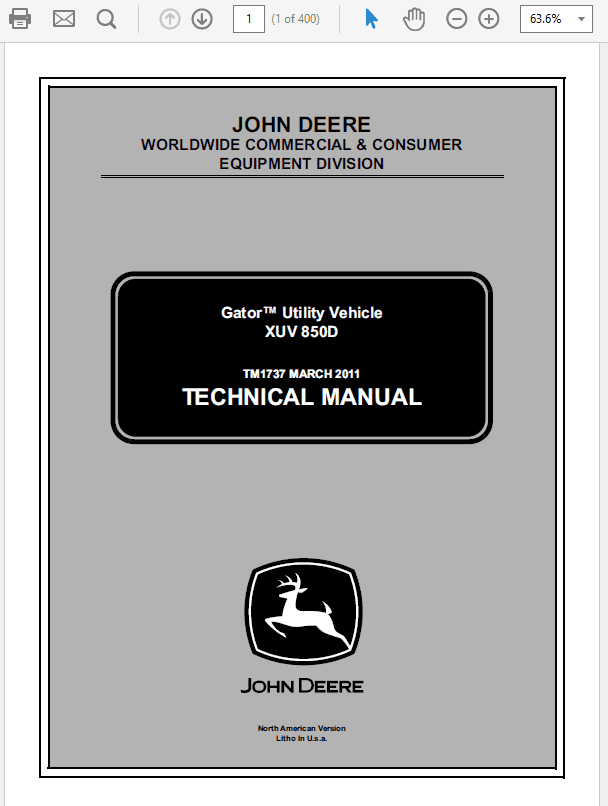 John Deere XUV 850D Gator Utility Vehicle Technical Manual TM1737 Workshop Guide