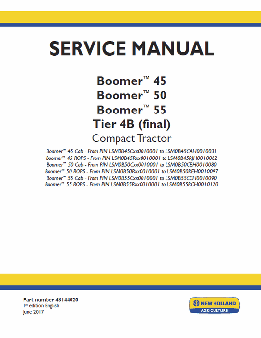 New Holland Boomer 45, 50 and 55 Tractor Service Manual Workshop Guide