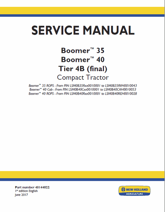 New Holland Boomer 35 and Boomer 40 Tractor Service Manual Workshop Guide
