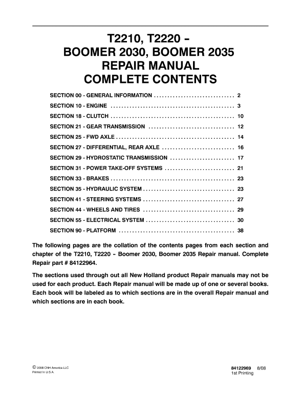 New Holland Boomer 2030 and Boomer 2035 Tractor Service Manual Workshop Guide