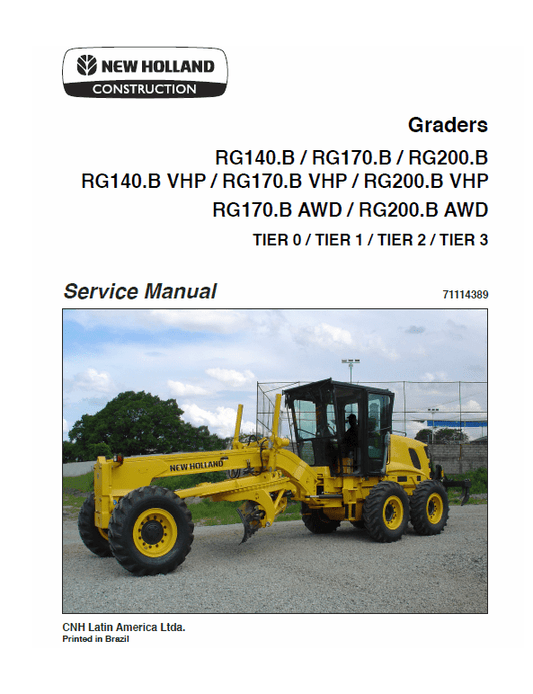 New Holland RG170.B AWD, RG200.B AWD Motor Grader Service Manual Workshop Guide