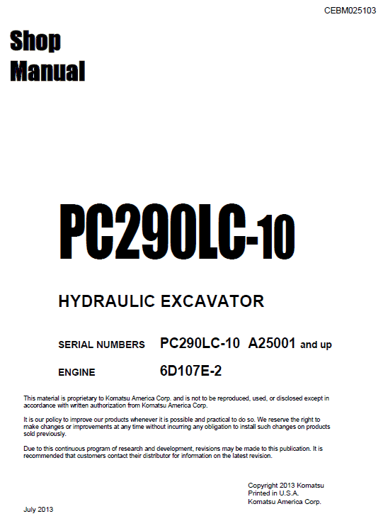 Komatsu PC290LC-10 Excavator Service Manual Workshop Guide