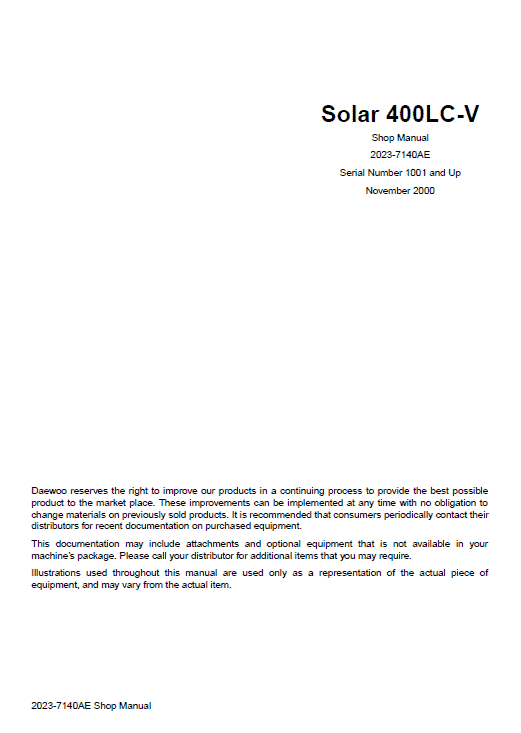Daewoo Solar S400LC-V Excavator Service Manual Workshop Guide