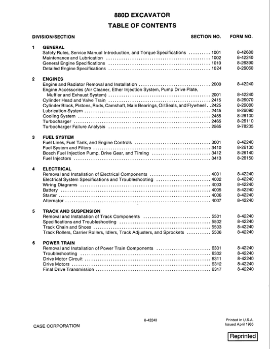 Case 880D Excavator Service Manual Workshop Guide