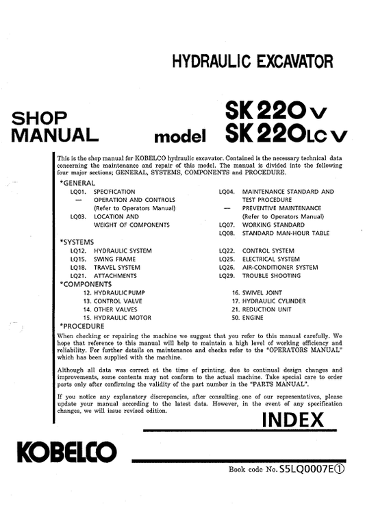 Kobelco SK220-V and SK220LC-V Excavator Service Manual Workshop Guide